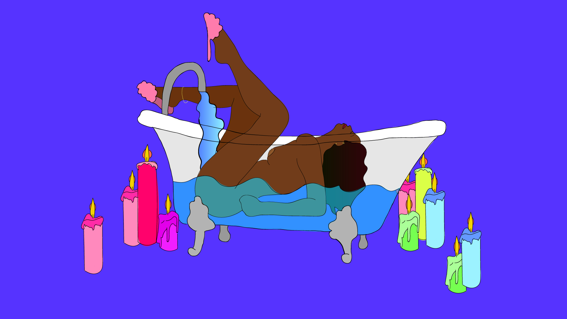 An illustration of someone in a bathtub surrounded by candles