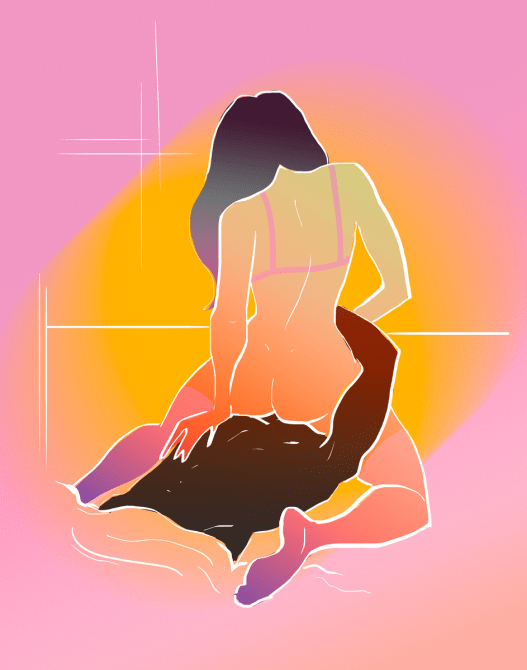 A drawing of a couple trying a cunnilingus position on a bed