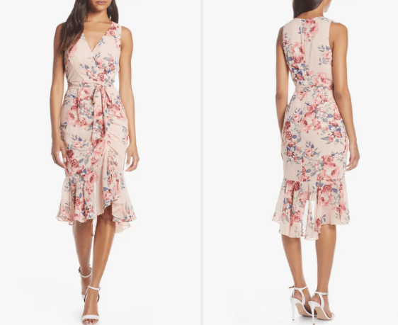 Floral Ruched Chiffon Faux Wrap Dress