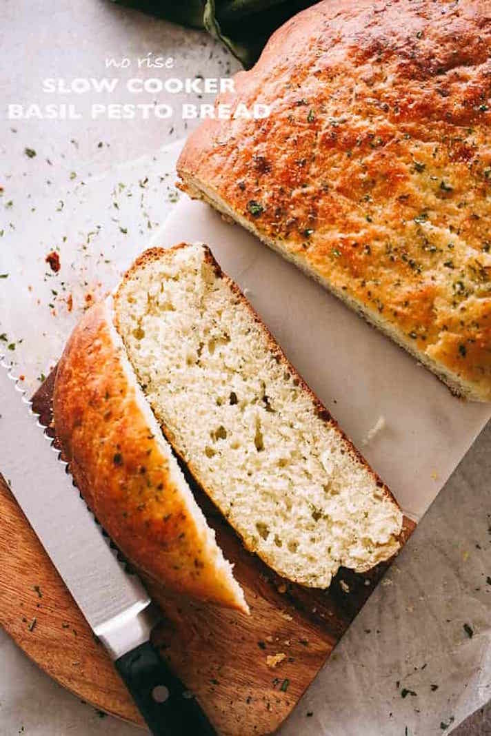 STYLECASTER | 17 Slow-Cooker Breads That Honestly Kind of Blow My Mind | No-Rise Basil Pesto Bread