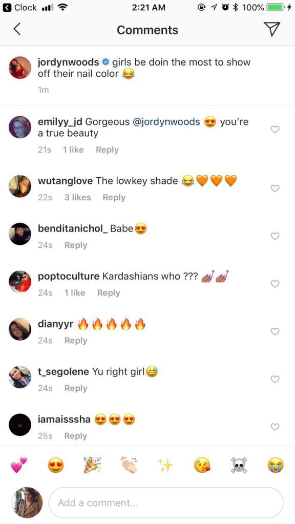 Jordyn Woods Instagram comments.