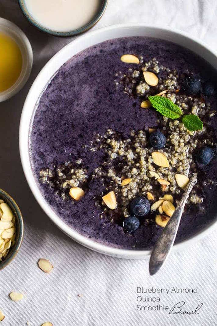 STYLECASTER | 17 High-Protein Vegan Smoothies That'll Keep You Going All Morning | Blueberry-Quinoa Smoothie Bowls