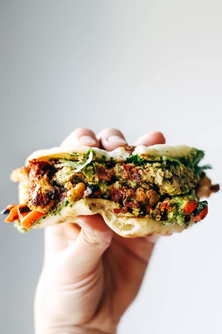 STYLECASTER | 19 High-Protein Veggie Sandwiches That Are Sure To Satisfy | Spicy Falafel Roasted Veggie Naan-wich