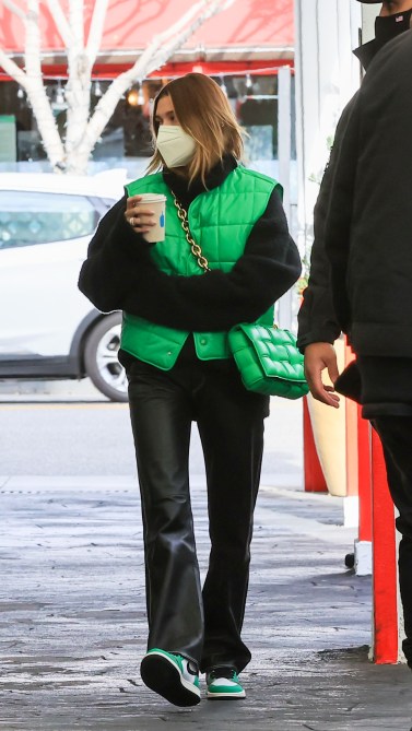 STYLECASTER | Hailey Bieber Green Puffer Vest