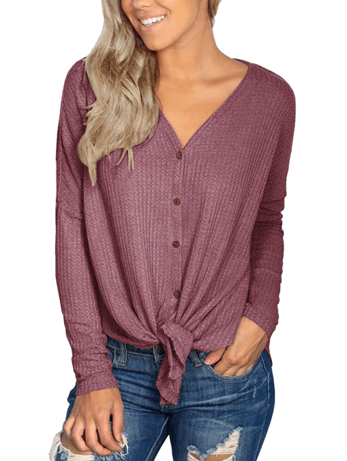 IWOLLENCE Women's Waffle Knit Tunic Blouse Tie Knot Henley Top