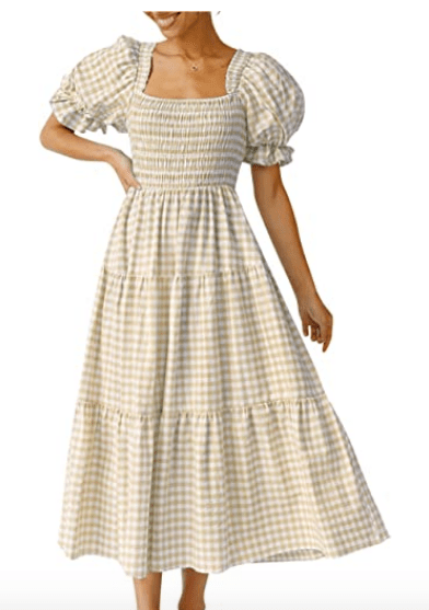 Plaid Square Neck Dress With Puff Sleeves