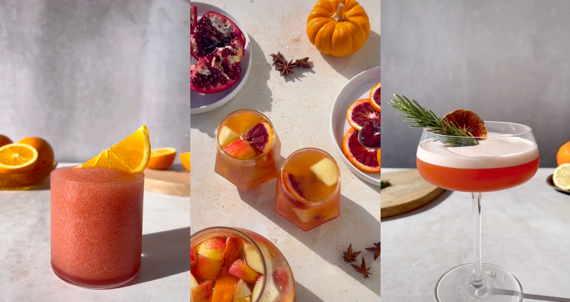 A frozen negroni, several glasses of sangria, and a classic cocktail topped with smoked rosemary