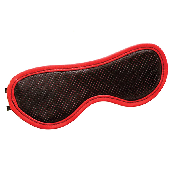 A black and red blindfold lined with leather and satin