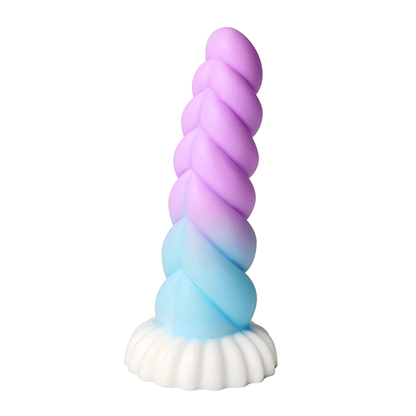A pastel suction-cup dildo that's lined with deep ridges