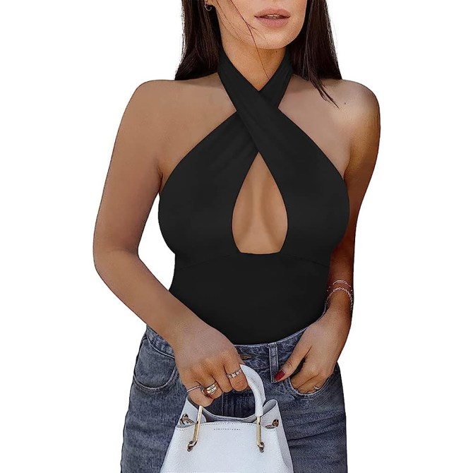 Reoria Criss-Cross Halter Neck Bodysuit