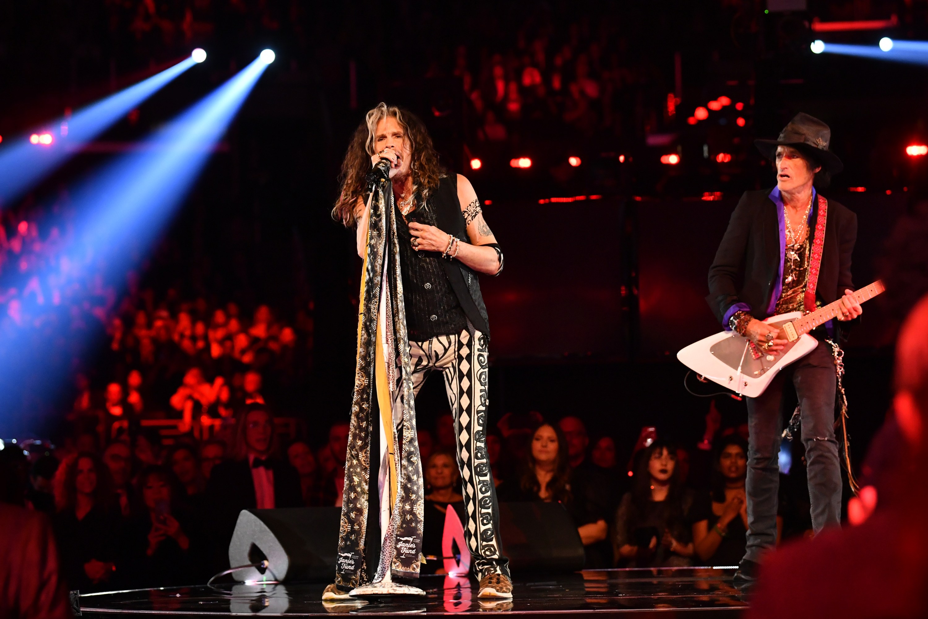 LOS ANGELES, CALIFORNIA - JANUARY 26: (L-R) Steven Tyler and Joe Perry of Aerosmith perform onstage during the 62nd Annual GRAMMY Awards at STAPLES Center on January 26, 2020 in Los Angeles, California. (Photo by Emma McIntyre/Getty Images for The Recording Academy)