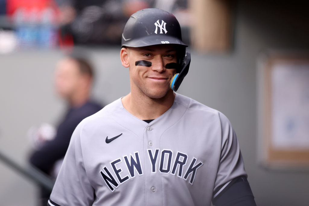 Aaron Judge #99 of the New York Yankees looks on during the third inning against the Seattle Mariners at T-Mobile Park on May 31, 2023 in Seattle, Washington.