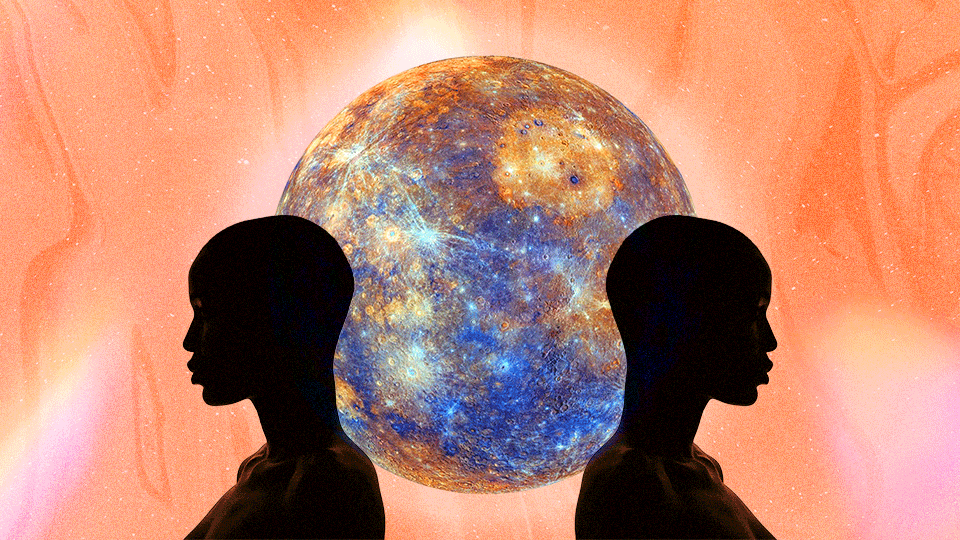 The silhouettes of a pair of twins in front of a moving planet Mercury in representation of Gemini
