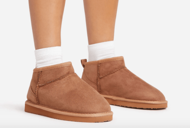 ULTRA MINI ANKLE LENGTH FAUX FUR LINING BOOTS IN CHESTNUT BROWN FAUX SUEDE