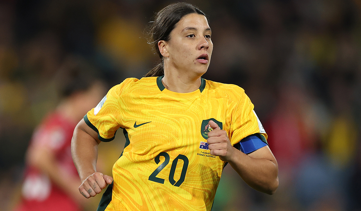 SYDNEY, AUSTRALIA - AUGUST 07: Sam Kerr of Australia in action during the FIFA Women's World Cup Australia & New Zealand 2023 Round of 16 match between Australia and Denmark at Stadium Australia on August 07, 2023 in Sydney, Australia. (Photo by Mark Metcalfe - FIFA/FIFA via Getty Images)