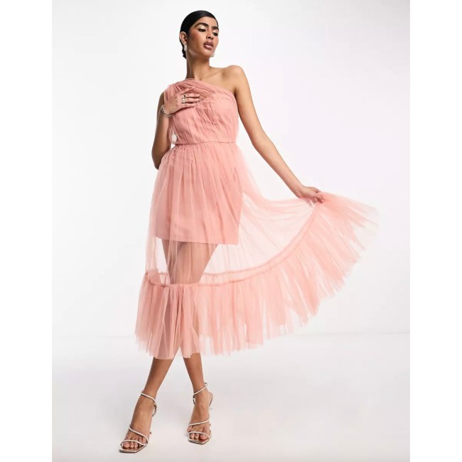 Lace & Beads Bridesmaid sheer one shoulder tulle midi dress in blush