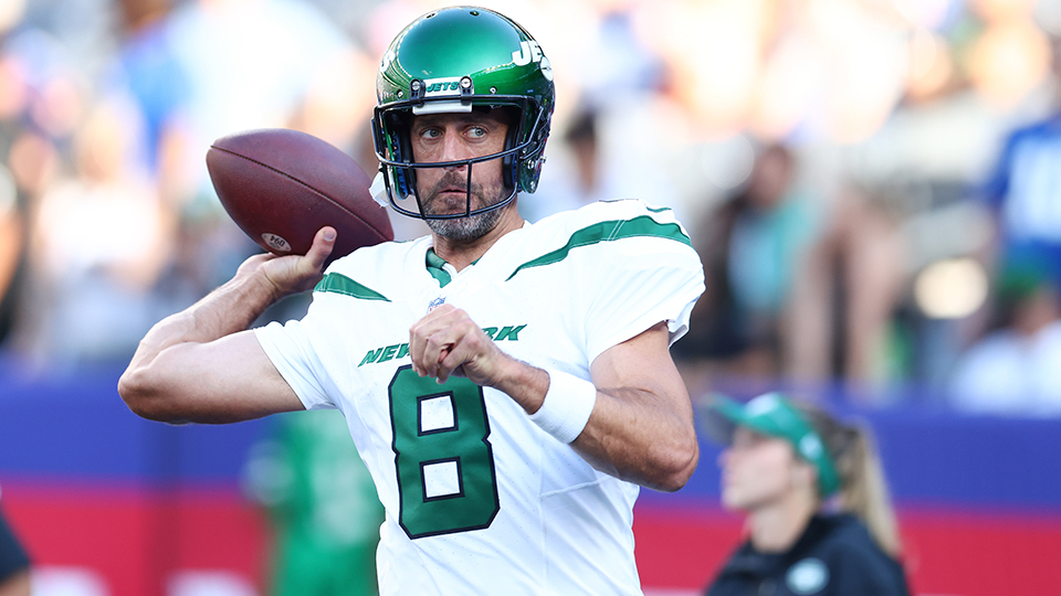 EAST RUTHERFORD, NEW JERSEY - AUGUST 26: Aaron Rodgers #8 of the New York Jets warms up prior to the game against the New York Giants at MetLife Stadium on August 26, 2023 in East Rutherford, New Jersey. (Photo by Mike Stobe/Getty Images)