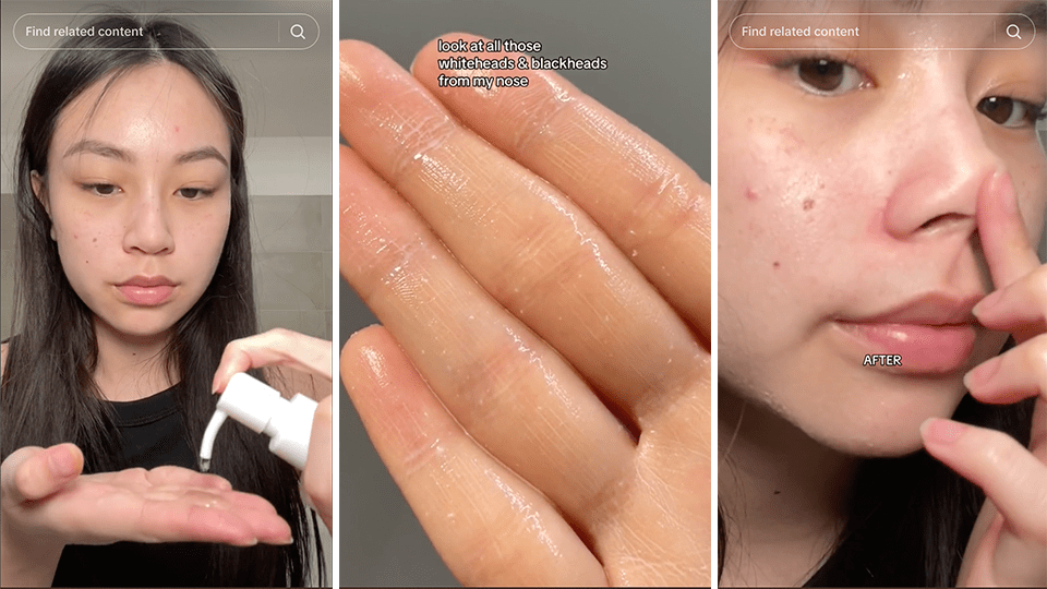 A TikToker, @thuytien_x, applying Anua's Heartleaf Pore Control Cleansing Oil in a TikTok video