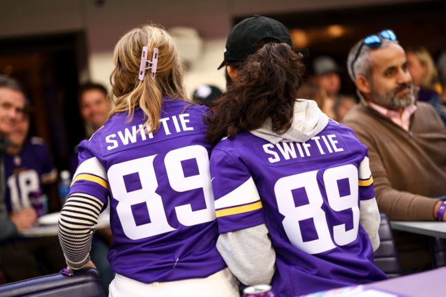 Minnesota Vikings fans wear jerseys for Taylor Swift during an NFL football game against the Kansas City Chiefs at U.S. Bank Stadium on October 8, 2023 in Minneapolis, Minnesota.