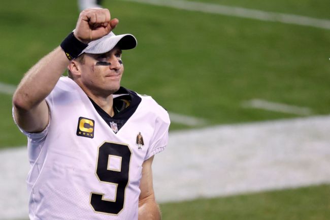 Quarterback Drew Brees #9 of the New Orleans Saints reacts following their 33-7 victory over the Carolina Panthers at Bank of America Stadium on January 03, 2021 in Charlotte, North Carolina.