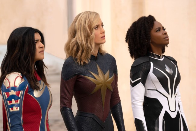 Iman Vellani as Ms. Marvel, Brie Larson as Captain Marvel, Teyonah Parris as Captain Monica Rambeau,