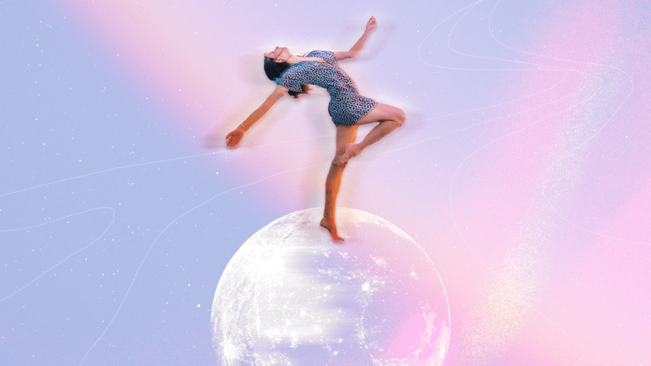 A woman dancing on top of a full moon with a prismatic pink and blue sky behind her