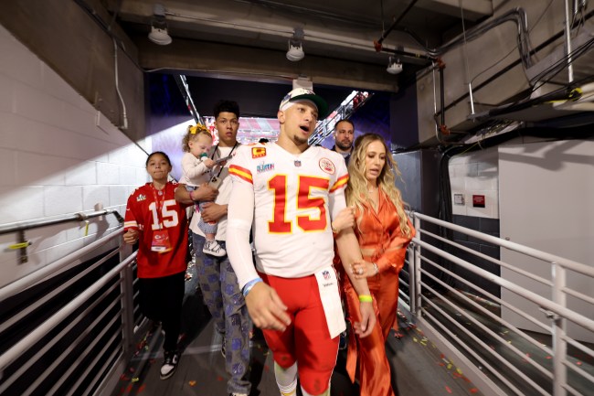 GLENDALE, ARIZONA - FEBRUARY 12: Patrick Mahomes #15 of the Kansas City Chiefs celebrates with his wife Brittany Mahomes and daughter Sterling Skye Mahomes after the Kansas City Chiefs beat the Philadelphia Eagles in Super Bowl LVII at State Farm Stadium on February 12, 2023 in Glendale, Arizona