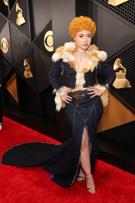 Ice Spice at the 2024 Grammys in a denim set and 2000s choker