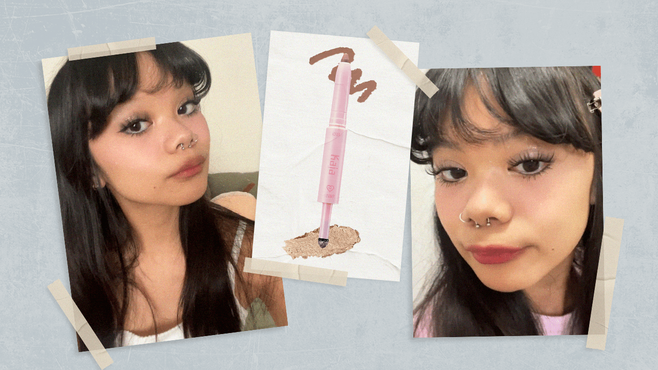 A collage featuring the Kaja Wink Dazzle Pen and two photos of the writer wearing it