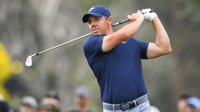 Rory McIlroy watches his shot on the 10th hole during the final round of the Genesis Invitational on February 18, 2024, at Riviera Country Club in Pacific Palisades, CA