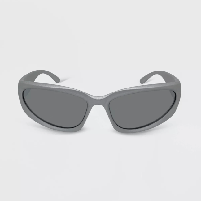 A pair of gray sport wraparound sunglasses