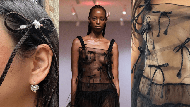 A bow clip made of braided hair and a tulle dress adorned in braided hair bows by Sandy Liang.