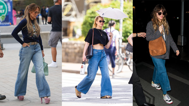 J-Lo, Jennifer Lawrence, and Dakota Johnson wearing wide leg denim.