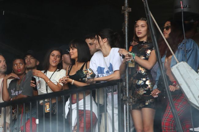 Kylie Jenner, Kendall Jenner and Bella Hadid watch Travis Scott perform on day 2 of Wireless Festival at Finsbury Park on July 8, 2017 in London, England.