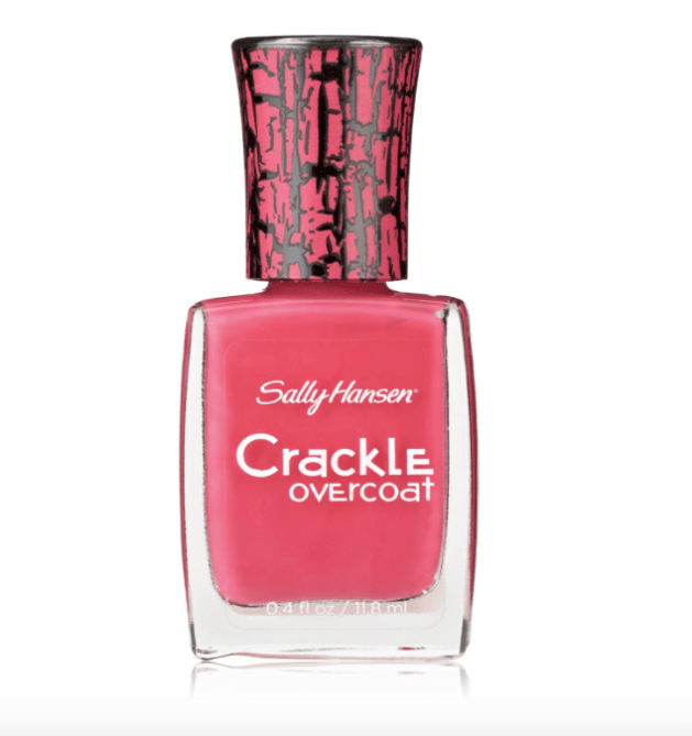 Bright pink Sally Hansen crackle nail polish.