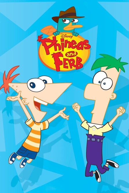 Phineas and Ferb in the front of the cover and Perry in the back on their logo. The background is blue!