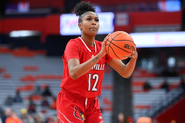 SYRACUSE, NEW YORK - FEBRUARY 11: Kiki Jefferson #12 of the Louisville Cardinals shoots a free throw against the Syracuse Orange during the second half at JMA Wireless Dome on February 11, 2024 in Syracuse, New York. Syracuse won 73-72.