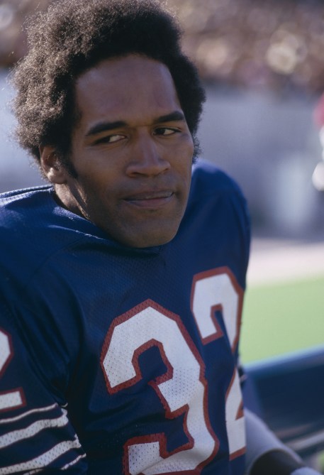 O.J. Simpson #32 of the Buffalo Bills sits on the bench during the 1970s.