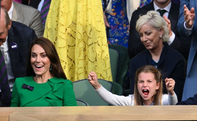 Catherine, Princess of Wales and Princess Charlotte of Wales watch Carlos Alcaraz vs Novak Djokovic in the Wimbledon 2023 men's final on Centre Court during day fourteen of the Wimbledon Tennis Championships at All England Lawn Tennis and Croquet Club on July 16, 2023 in London, England.