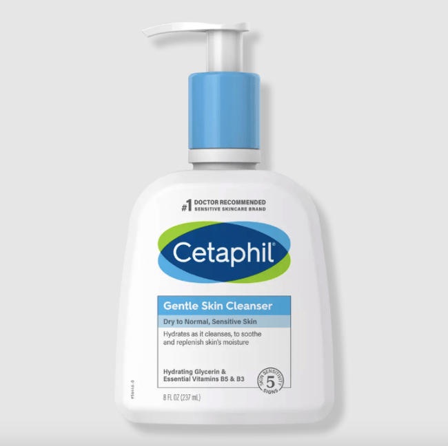 Cetaphil Gentle Skin Cleanser in a white bottle with a blue cap.