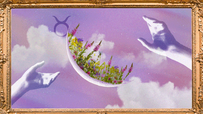 A crescent moon just before it becomes a new moon with flowers growing alongside it.