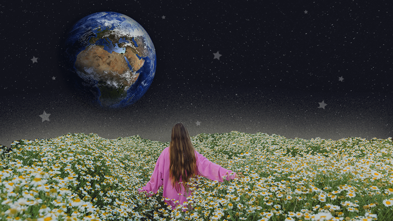 A woman gazing up at planet Earth from outer space, thinking about her weekly horoscope for every zodiac sign