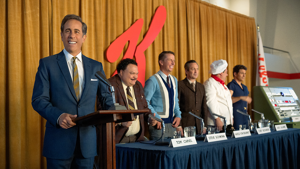 UNFROSTED - (L to R) Jerry Seinfeld (Director) as Bob Cabana,  Adrian Martinez as Tom Carvel, Jack McBrayer as Steve Schwinn, Thomas Lennon as Harold Von Braunhut, Bobby Moynihan as Chef Boyardee and James Marsden as Jack LaLanne in Unfrosted.