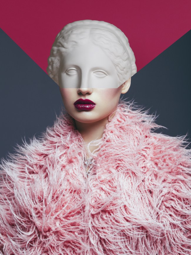 Collage with female portrait and plaster head model (mass produced replica of Head of Aphrodite of Knidos)