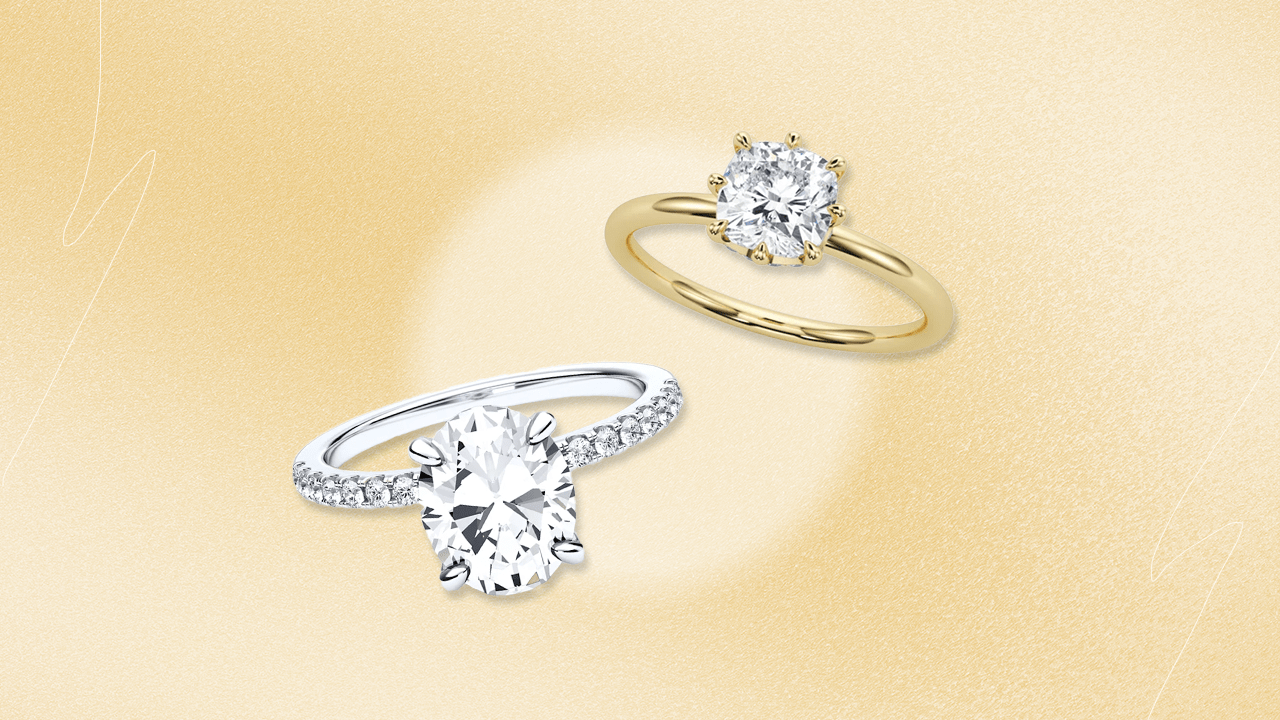 A yellow gold solitaire diamond ring and white gold engagement ring with diamonds around the band against a yellow backdrop.