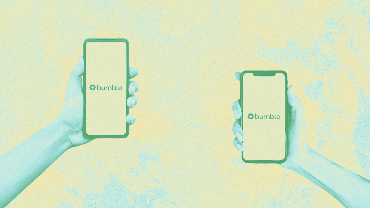 Two phones with Bumble apps open, exchanging conversation and messages in an attempt to make friends