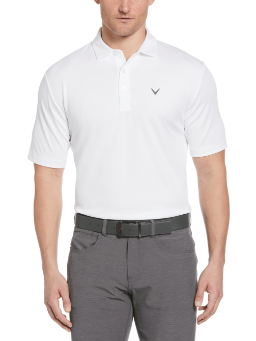 A model wearing the Callaway Micro Texture Polo in white