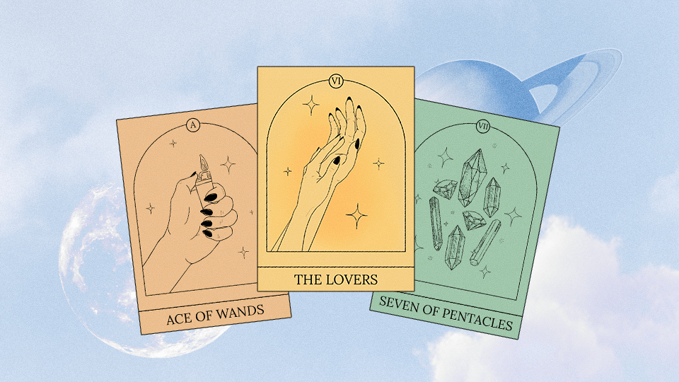 Three tarot cards—Ace of Wands, The Lovers, Seven of Pentacles—that represent this week's tarot horoscope in front of a space backgrund