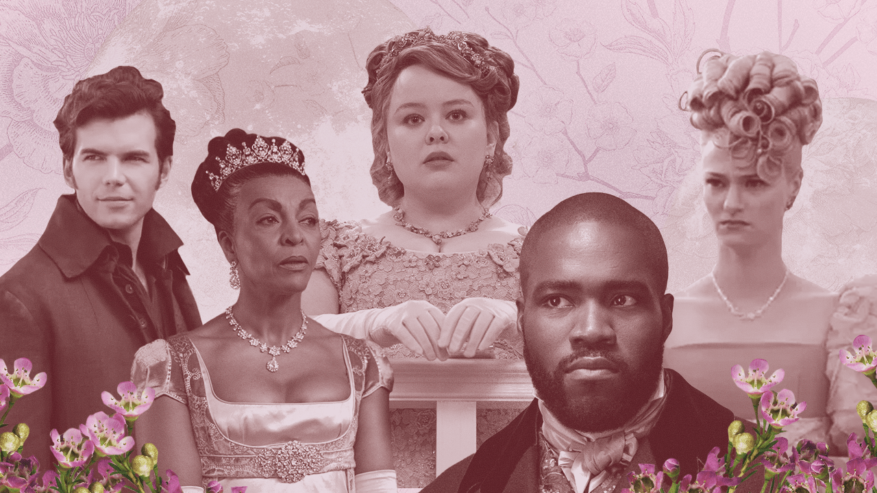 'Bridgerton' Netflix characters over a pink background, surrounded by flowers