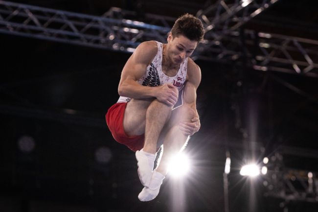 USA's Aliaksei Shostak competes in the men's qualification of the Trampoline Gymnastics event during Tokyo 2020 Olympic Games at Ariake Gymnastics centre in Tokyo, on July 31, 2021.